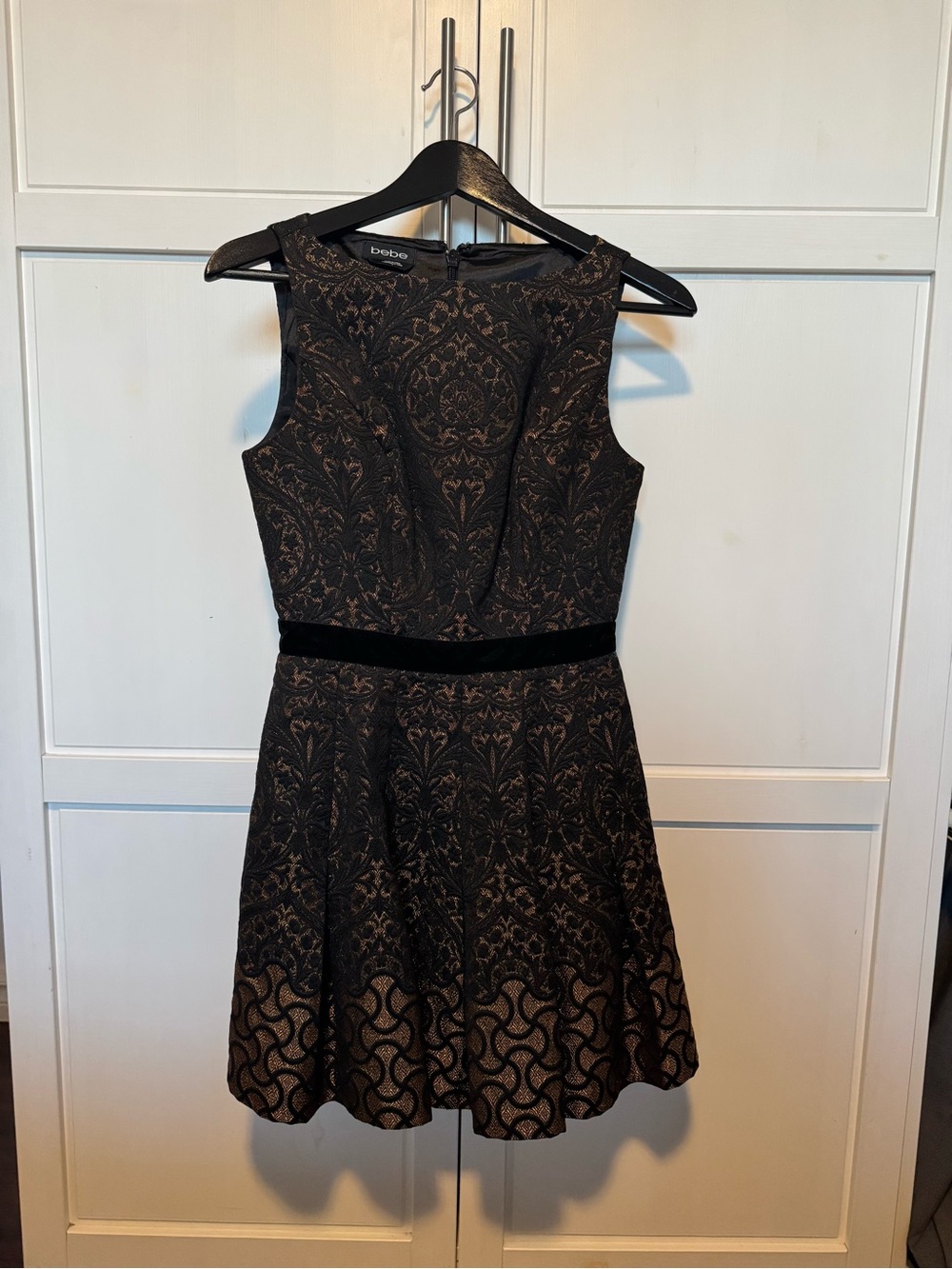 bebe Black and Bronze Brocade Fit-and-Flare Dress